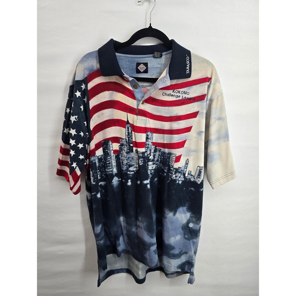 Tabasco Mens XL Polo Shirt American Flag City Skyline Kokomo Challenge League